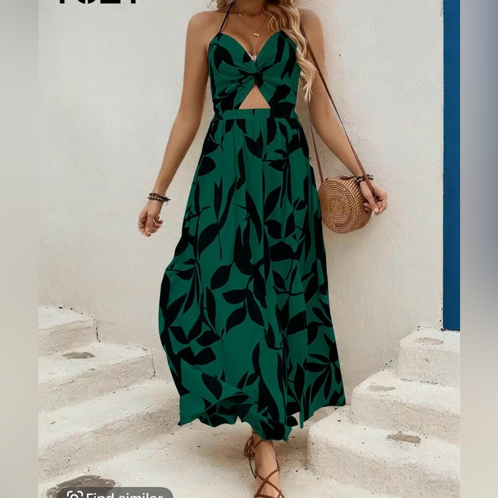YOZY Elegant Green and Black Leaf Print Maxi Dress sz XL NEW
